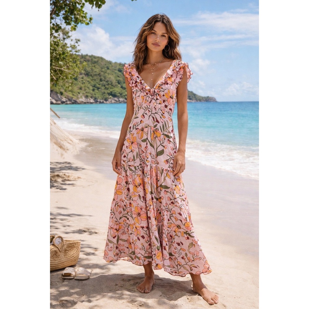 Poupette St Barth Della Floral Ruffle Tiered Maxi Dress Smocked Boho Medium